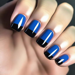 A detailed close-up image of a French manicure with a blue base and black flat design on short nails