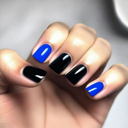 A detailed close-up image of a French manicure with a blue base and black flat design on short nails