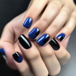 A detailed close-up image of a French manicure with a blue base and black flat design on short nails