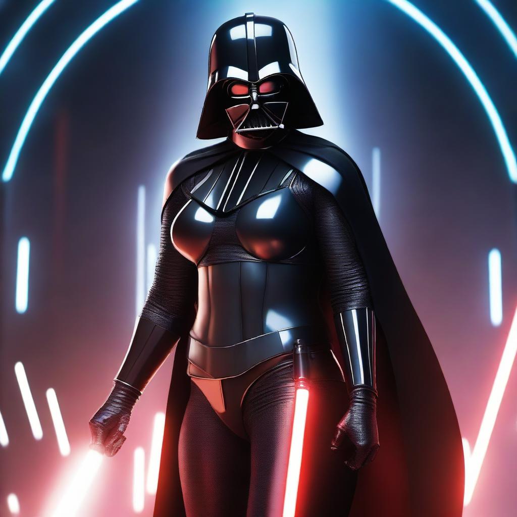 A young, curvy woman dressed in a provocative, evil version of Darth Vader's costume