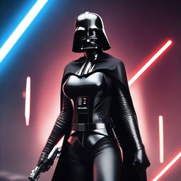 A young, curvy woman dressed in a provocative, evil version of Darth Vader's costume