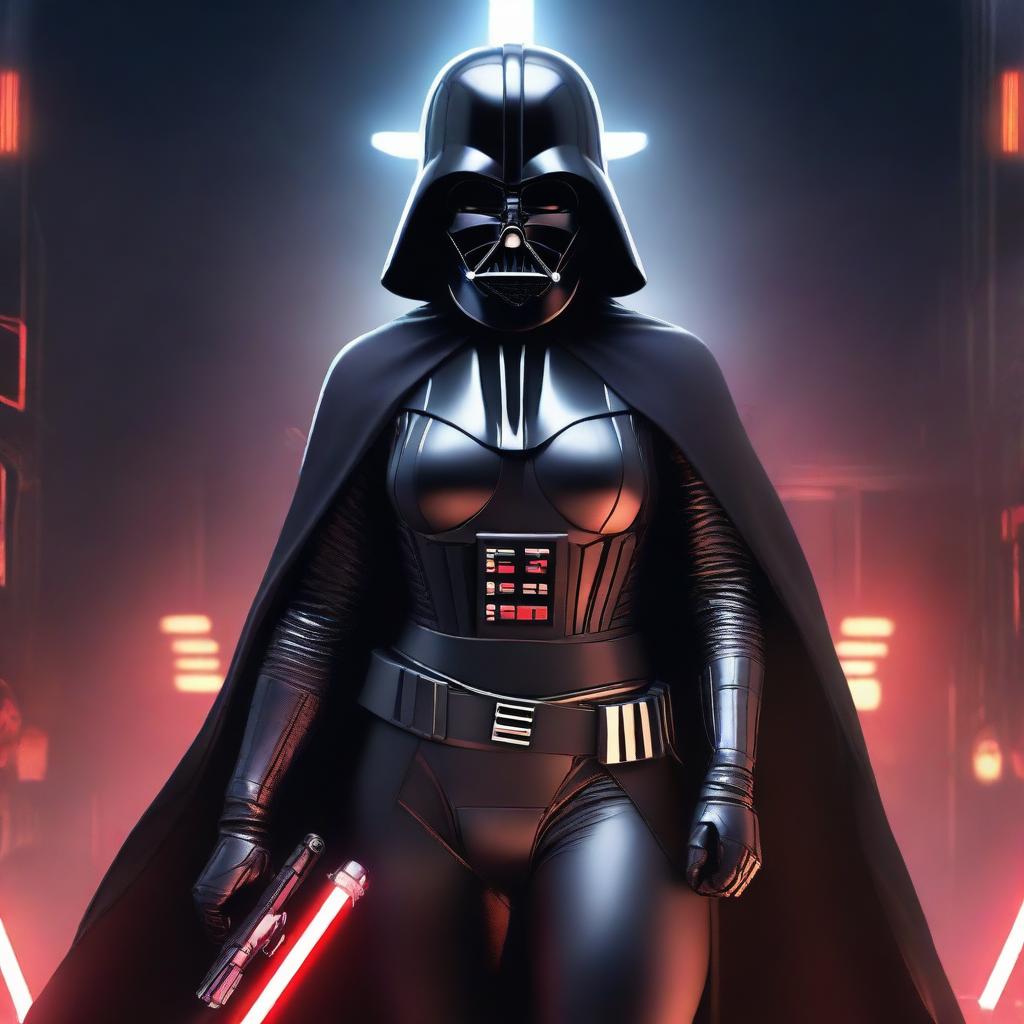 A young, curvy woman dressed in a provocative, evil version of Darth Vader's costume