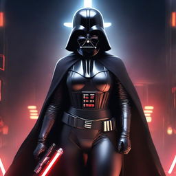 A young, curvy woman dressed in a provocative, evil version of Darth Vader's costume