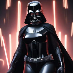 A young, curvy woman dressed in a provocative, evil version of Darth Vader's costume