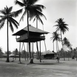 A stilt house stands in a grassy field, with several coconut trees in the yard