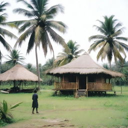 A stilt house stands in a grassy field, with several coconut trees in the yard