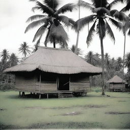 A stilt house stands in a grassy field, with several coconut trees in the yard