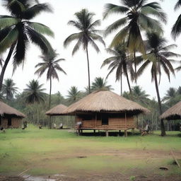 A stilt house stands in a grassy field, with several coconut trees in the yard