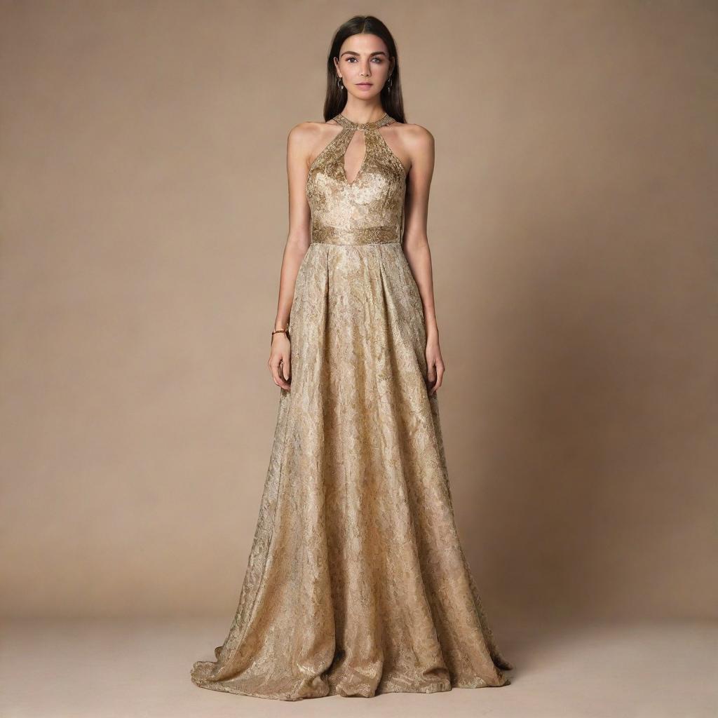 A luxurious long dress using the same fabric featuring metallic and gold applications inspired by mineral stones.