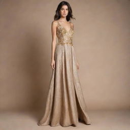 A luxurious long dress using the same fabric featuring metallic and gold applications inspired by mineral stones.