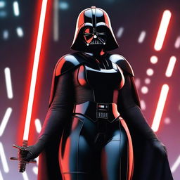 A young, curvy woman dressed in a seductive, evil version of Darth Vader's costume