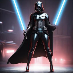 A young, curvy woman dressed in a seductive, evil version of Darth Vader's costume