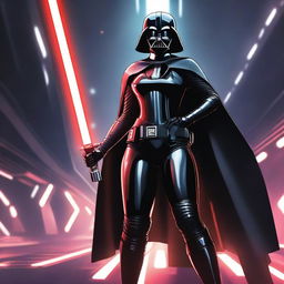 A young, curvy woman dressed in a seductive, evil version of Darth Vader's costume