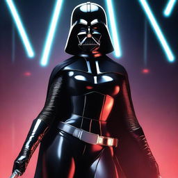 A young, curvy woman dressed in a seductive, evil version of Darth Vader's costume