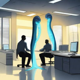 Two office workers in a modern office setting, each with long, glowing tails reminiscent of the Na'vi from Avatar