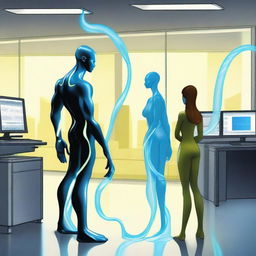 Two office workers in a modern office setting, each with long, glowing tails reminiscent of the Na'vi from Avatar