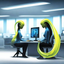 Two office workers in a modern office setting, each with long, glowing tails reminiscent of the Na'vi from Avatar