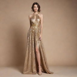 A luxurious long dress using the same fabric featuring metallic and gold applications inspired by mineral stones.