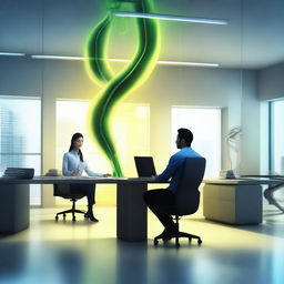 Two office workers in a modern office setting, each with long, glowing tails reminiscent of the Na'vi from Avatar