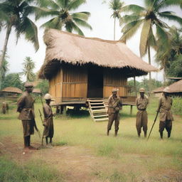 A traditional stilt house made of wooden planks stands in a grassy field