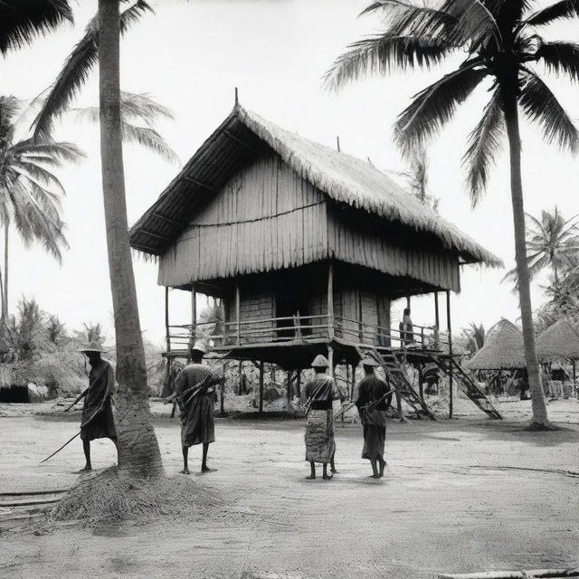 A traditional stilt house made of wooden planks stands in a grassy field