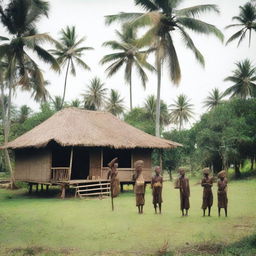 A traditional stilt house made of wooden planks stands in a grassy field