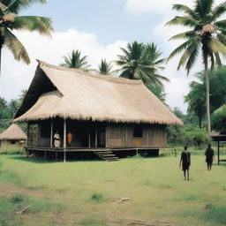 A traditional stilt house made of wooden planks stands in a grassy field