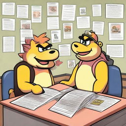 Two office workers in a modern office setting, depicted as best friends on a mission to break up Princess Peach and Bowser