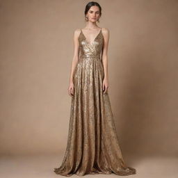 A luxurious long dress using the same fabric featuring metallic and gold applications inspired by mineral stones.