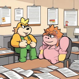 Two office workers in a modern office setting, depicted as best friends on a mission to break up Princess Peach and Bowser