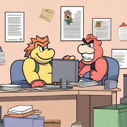 Two office workers in a modern office setting, depicted as best friends on a mission to break up Princess Peach and Bowser