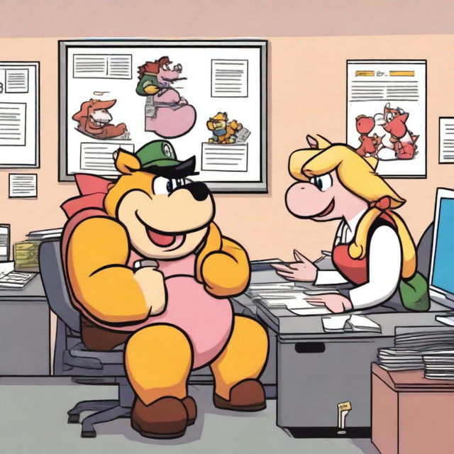 Two office workers in a modern office setting, depicted as best friends on a mission to break up Princess Peach and Bowser