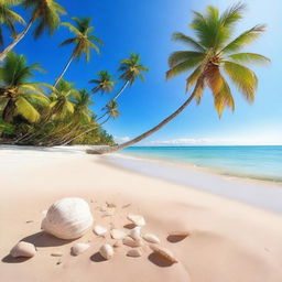 A serene beach scene with golden sand, clear blue water, and a bright sunny sky