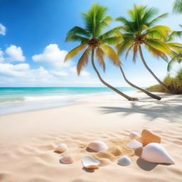 A serene beach scene with golden sand, clear blue water, and a bright sunny sky