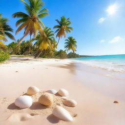 A serene beach scene with golden sand, clear blue water, and a bright sunny sky