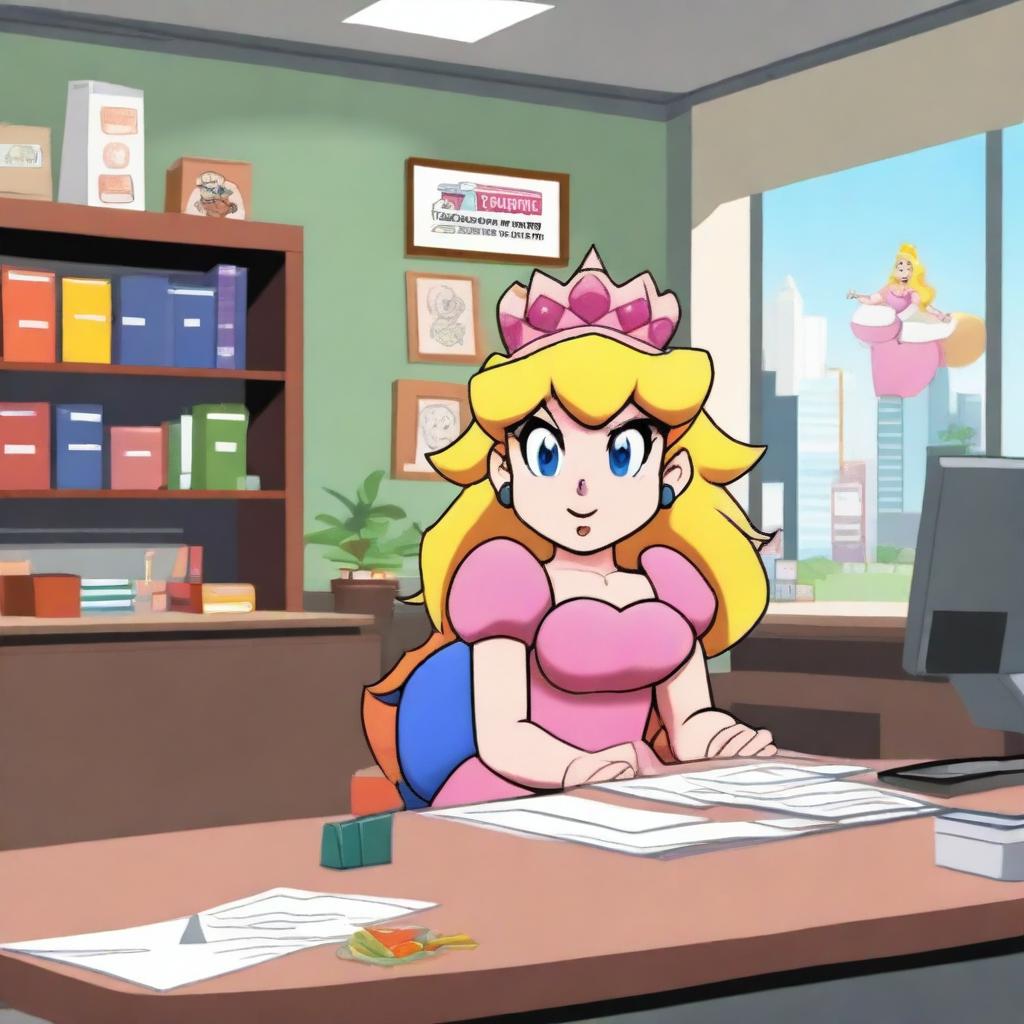 Princess Peach is standing confidently in a modern office setting, making Bowser cry