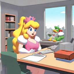 Princess Peach is standing confidently in a modern office setting, making Bowser cry