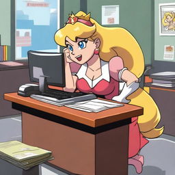 Princess Peach is standing confidently in a modern office setting, making Bowser cry