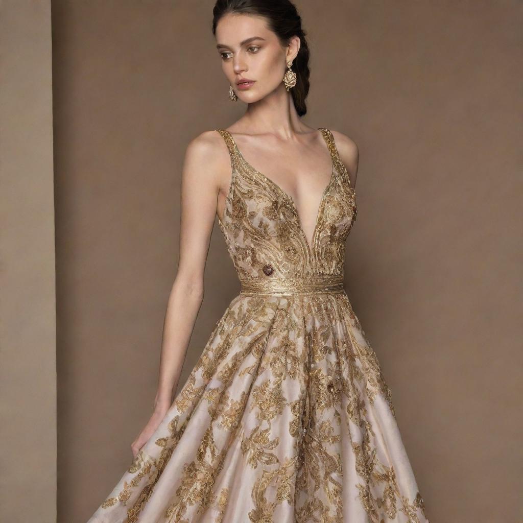 A haute couture, luxurious long dress, manifested from a fabric that boasts metallic and gold applications reminiscent of mineral stones.