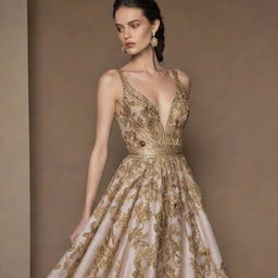 A haute couture, luxurious long dress, manifested from a fabric that boasts metallic and gold applications reminiscent of mineral stones.