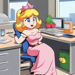 Princess Peach is standing confidently in a modern office setting, making Bowser cry