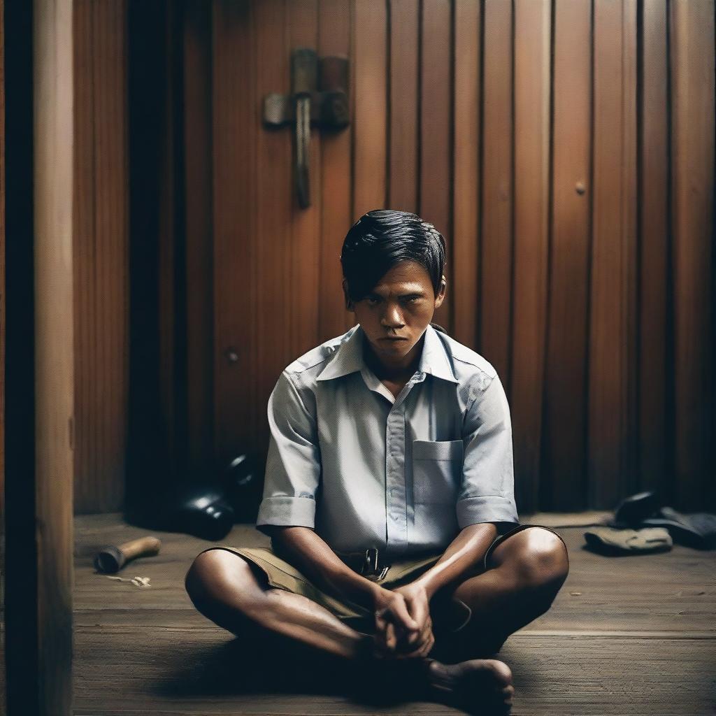 A man dressed in a shirt is sitting in a room with wooden walls