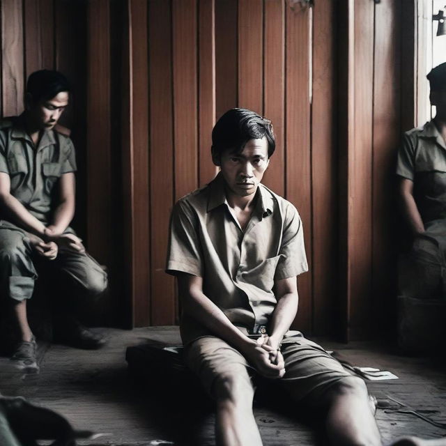 A man dressed in a shirt is sitting in a room with wooden walls