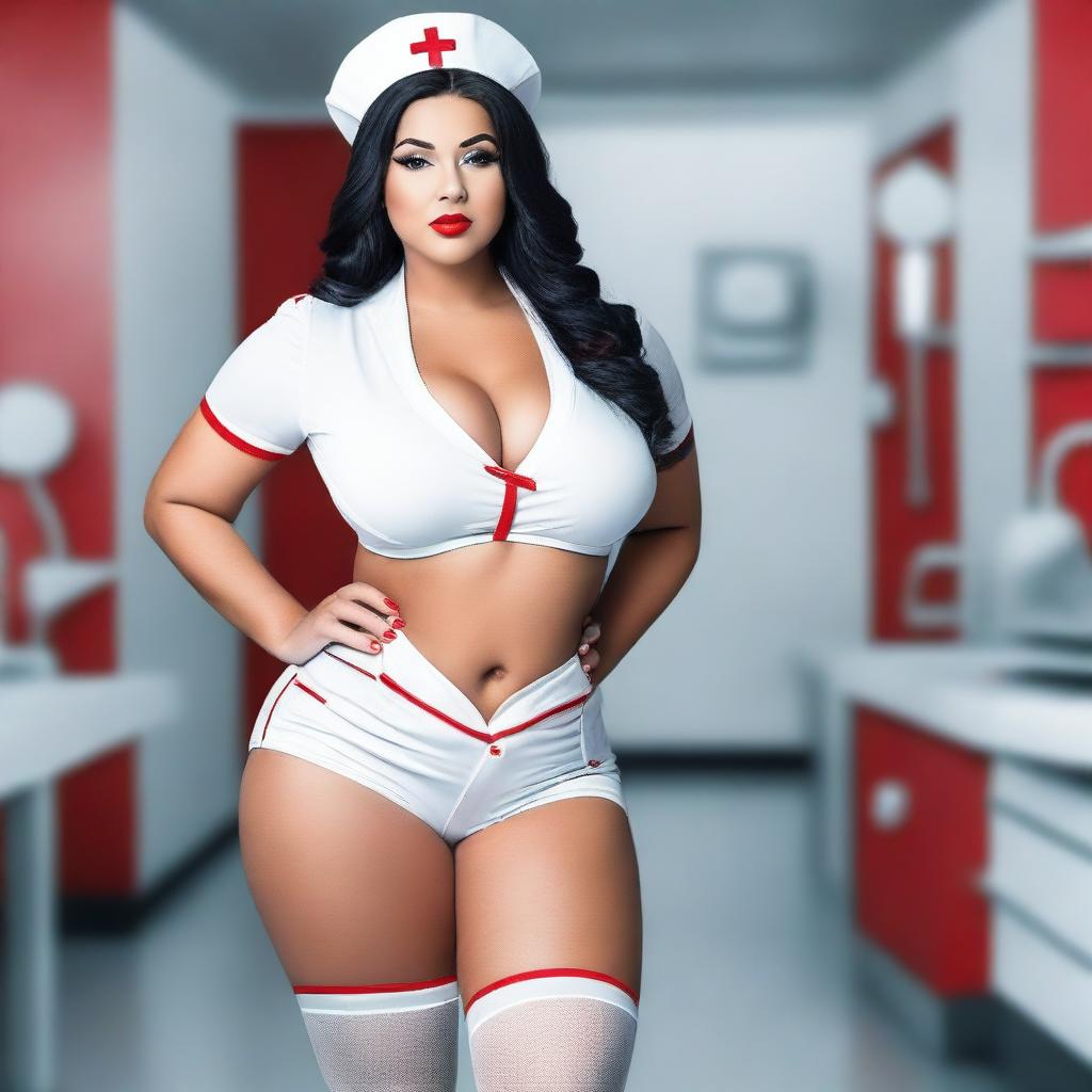 A young, curvy woman dressed as a seductive and arousing nurse