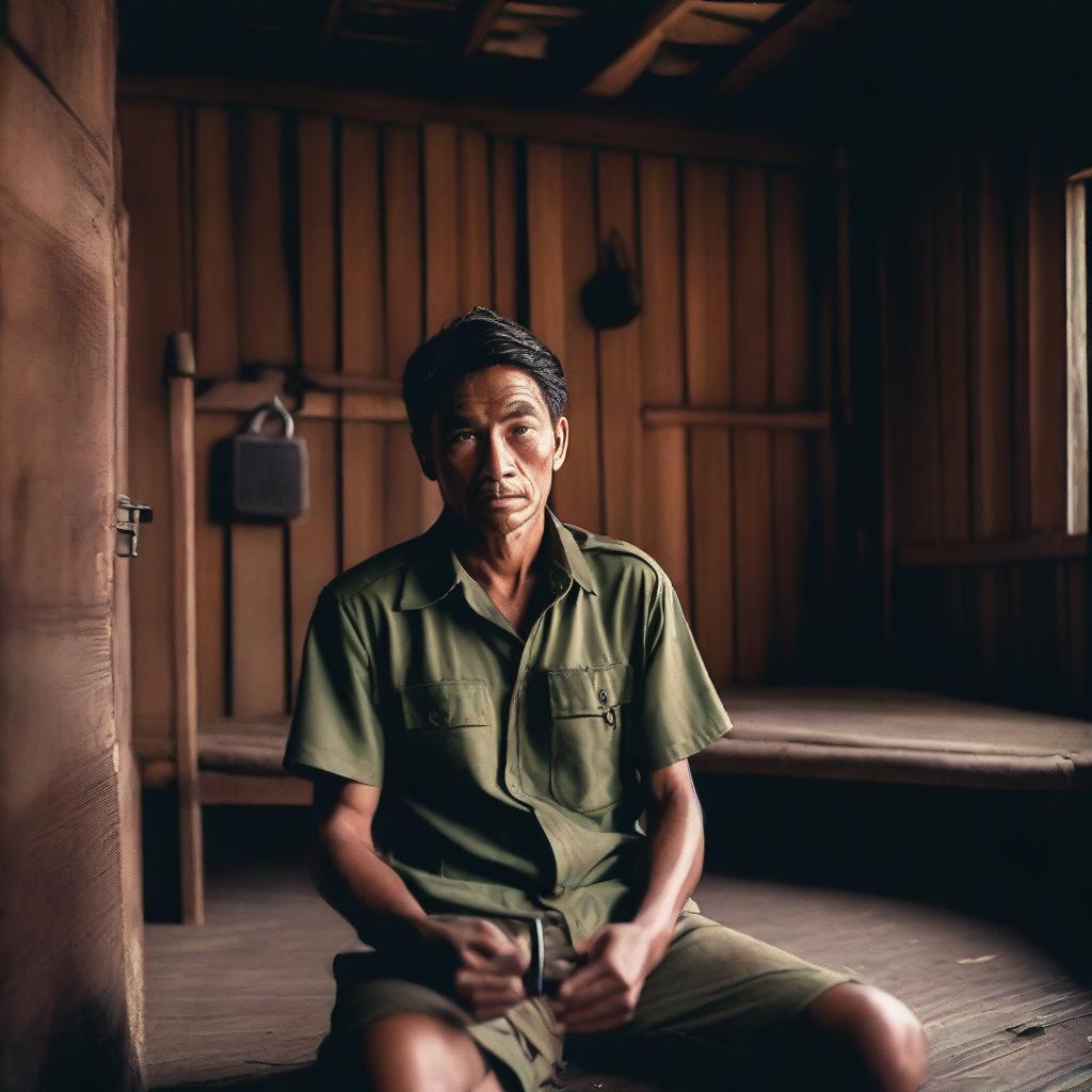 A man wearing a shirt sits in a wooden-walled room, holding a large key and padlock