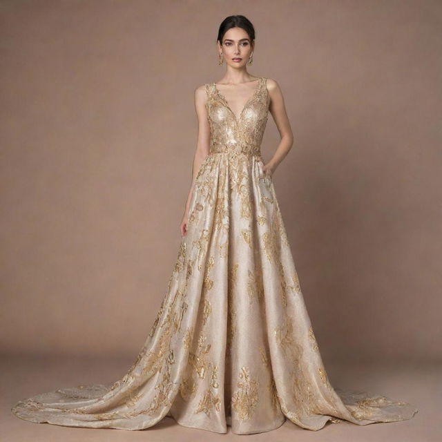 A haute couture, luxurious long dress, manifested from a fabric that boasts metallic and gold applications reminiscent of mineral stones.