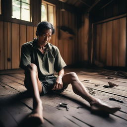 A man wearing a shirt sits in a wooden-walled room, holding a large key and padlock