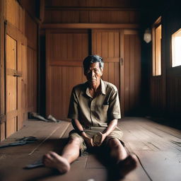 A man wearing a shirt sits in a wooden-walled room, holding a large key and padlock