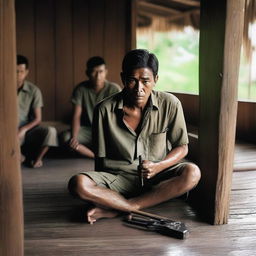 A man wearing a shirt sits in a wooden-walled room, holding a large key and padlock