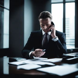 An investment banker in a sleek, modern office with dark decor, including black furniture and dim lighting